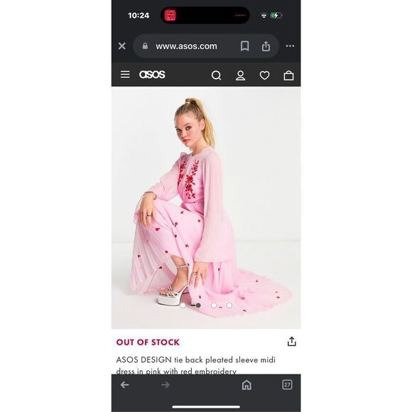 ASOS DESIGN tie back pleated sleeve midi dress in pink with red embroidery - Picture 3 of 15